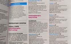 The current print edition of MIMS open on a page showing the new leaf symbol next to the names of inhalers with lower carbon footprints.