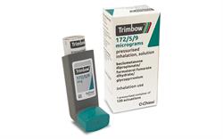 The new higher-strength Trimbow inhaler, with a grey body and a teal cap, stands upright next to its box.