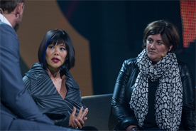 Host, Ivan Wicksteed talks to Emily Chang (l) and Carla Zakhem-Hassan, about how to inspire employees