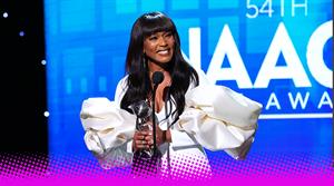 A photograph off Angela Bassett onstage at the 54th annual NAACP Image Awards 