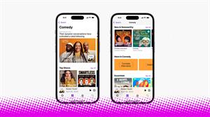 Photograph of two iPhones showing Apple Podcasts app