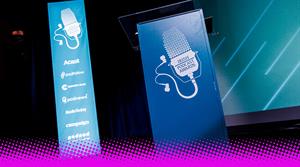 Photograph of Irish Podcast Awards 2022 podium