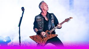 Metallica lead singer James Hetfield playing guitar onstage