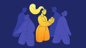 Illustration showing a woman listening to headphones in the middle of a crowd