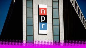 A photograph of the NPR logo on the front of a building