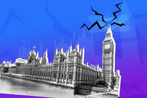 Graphic illustration showing the Houses of Parliament broadcasting radio waves