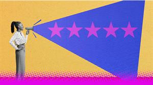 Illustration showing a young woman speaking into a megaphone with five stars coming out the end