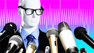 Graphic illustration showing a mannequin behind a collection of microphones