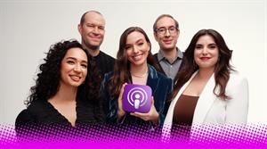 A photograph of the team behind Slate's Slow Burn podcast holding their Apple Podcasts Show of the Year award
