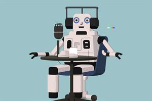 AI-generated illustration of a robot recording a podcast