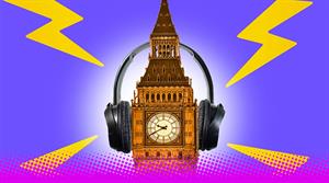 Westminster and audio production - Big Ben with headphones