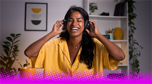 Girl listening to funny podcast. - stock photo