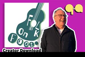 Graphic illustration showing a photograph of Folk On Foot host Matthew Bannister along with the album artwork