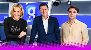 A photograph of The News Agents hosts Emily Maitlis and Jon Sopel, along with executive producer Dino Sofos