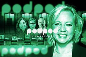 A graphic illustration showing Deborah Meaden, overlaid with the words 'podcast transcript'
