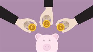 Three businessmen putting UK pound coin into a piggy bank - stock illustration