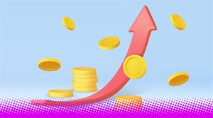 3d growth stock chart with coins investing icon, Uptrend stock market graph - stock illustration