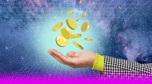 A collection of gold coins hove above a human hand in a virtual space