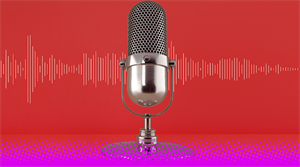 Microphone and Sound wave on a magenta studio background. Podcast, live, streaming, creator content. - stock photo