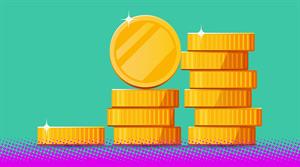 Growing stack of golden dollar coins isolated on white background
