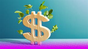 A US Dollar symbol made of wood with leaves growing from it. - stock photo