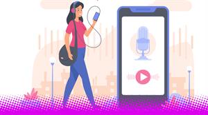 Graphic of a woman listening to a podcast on an app