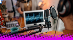 Young people recording podcast in studio - stock photo