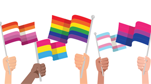 Hands with LGBTQ flag isolated on white background. - stock illustration