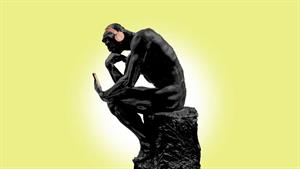 Illustration showing Rodin's Thinker wearing headphones and holding a smartphone  