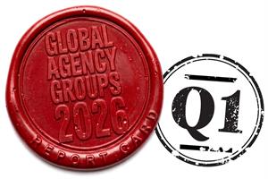 wax stamp with Global agency groups 2026 report card  on and Q1 ink stamp next to it