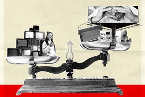 graphic of pair of scales with person looking at mobile with large pile of TVs behind them and on the other radios, leaflets and a poster of someone eating a burger