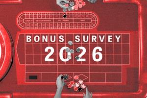Top view of a casino table with the words Bonus Survey 2026