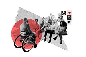Montage of person in a wheelchair in fromt of an audience of men and women looking at him alongside various disabillity icons such as the disables symbol