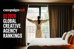 A person opening the curtains in a hotel room with Q1 2026 global creative agency rankings written on the left hand side of the image