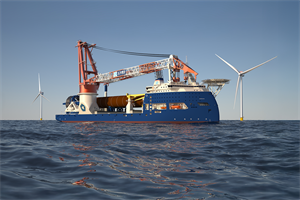 Visualisation of the Ulstein HX118 U-Stern at sea awaiting monopile installation