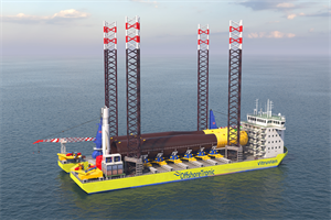 Visualisation of the Vitruvian sailing to construction site with two monopiles of up to 5,000-tonnes