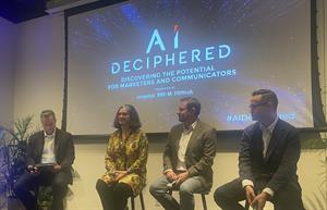 L-R: PRWeek's Frank Washkuch, Microsoft's Cohen Glass, Meltwater's Hackney and Spotify's Munford. 
