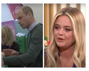 (L) The Prince of Wales during the food bank visit and (R) Emily Atack discusses online harassment
