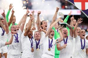 England players celebrate their Euro 2022 victory at Wembley on Sunday evening (photo by Naomi Baker/Getty Images)