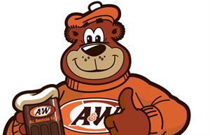 A&W mascot Rooty, who is wearing blue jeans. 
