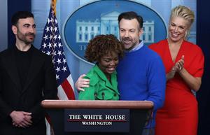 The cast of Ted Lasso visited the White House briefing room on Monday. (Photo credit: Getty Images).