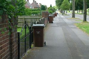Household waste bins put out on a street in Nottingham
