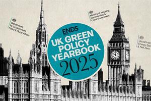 Montage showing UK Green Policy Yearbook 2025 logo set against Houses of Parliament and the names of government departments.