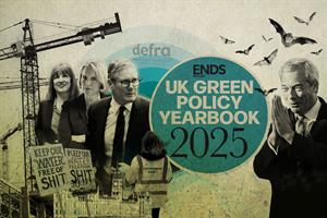 Report logo flanked by (left to right) Rachel Reeves, Emma Reynolds, Keir Starmer and Nigel Farage. Set against a montage of water protest placards, construction cranes, Houses of Parliament, EA employee, bats and DEFRA logo.