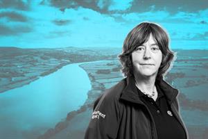 EA director of water Helen Wakeham shown against a background picture of an English river.