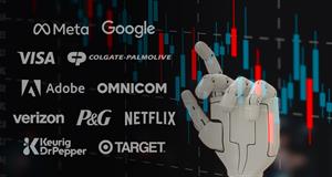 Robot hand and stock price trend graph with logos of Meta, Google, Visa, Colgate-Palmolive, Adobe, Omnicom, Verizon, P&G, Netflix, Keurig-DrPepper, and Target