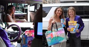 Collage of images showing reporter Julia Walker seated inside a car and standing outside next to Andrea Schwenkit holding Egglife merchandise