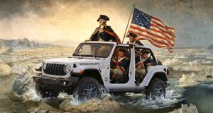 AI generated image of George Washington crossing the Delaware in a Jeep Wrangler