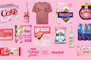Lots of supermarket products with pink labels and Asda Tickled Pink/Breast Cancer Now/CoppaFeel! logos