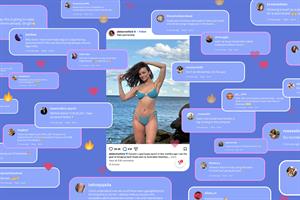 A woman in a bikini with comments around her photo
